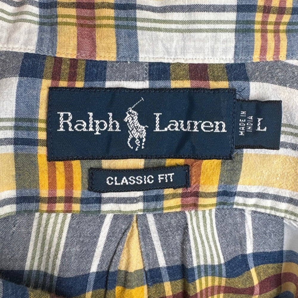 Ralph Lauren Mens Classic Fit Plaid Short Sleeve Button Down Shirt Blue Yellow L - Picture 6 of 8